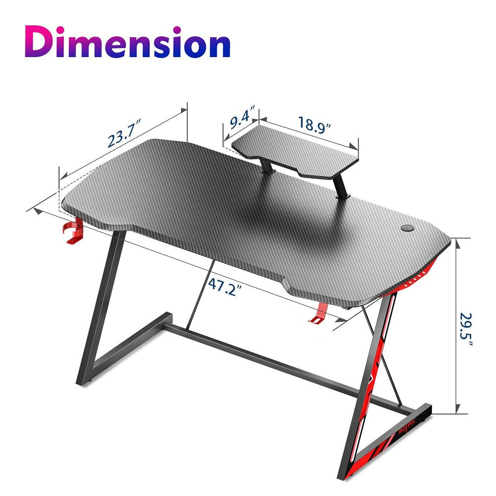 47 inch Gaming Desk Carbon Fiber Gamer Workstation Home Office Computer Table with Monitor Stand Cup Holder and Headphone Hook