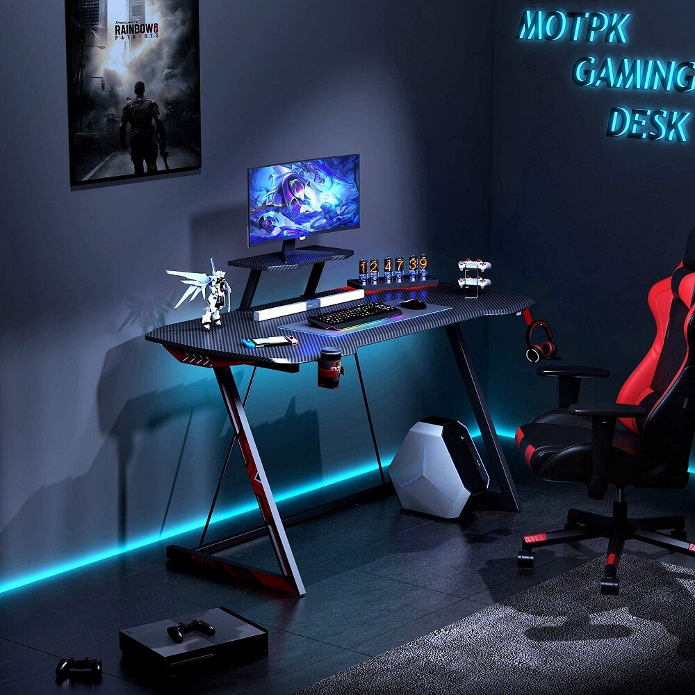 47 inch Gaming Desk Carbon Fiber Gamer Workstation Home Office Computer Table with Monitor Stand Cup Holder and Headphone Hook